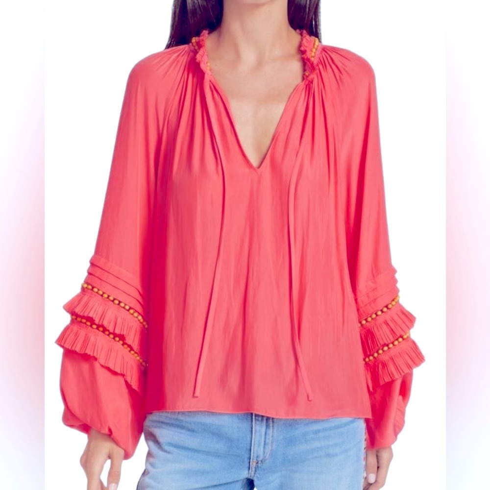 Ramy Brook Women’s Pink Coral Ruffle gypsy Long Sleeve Blouse Boho Top Small